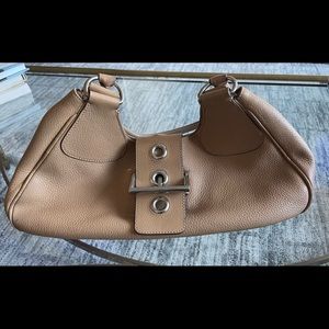 Prada beige leather bag with silver buckle & trim